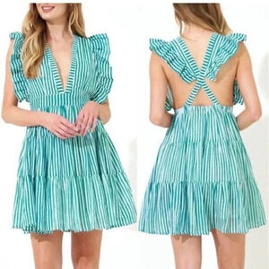 Oliphant Cross Back Mini Playa Green Dress Womens Size M Sleeveless Striped NWT